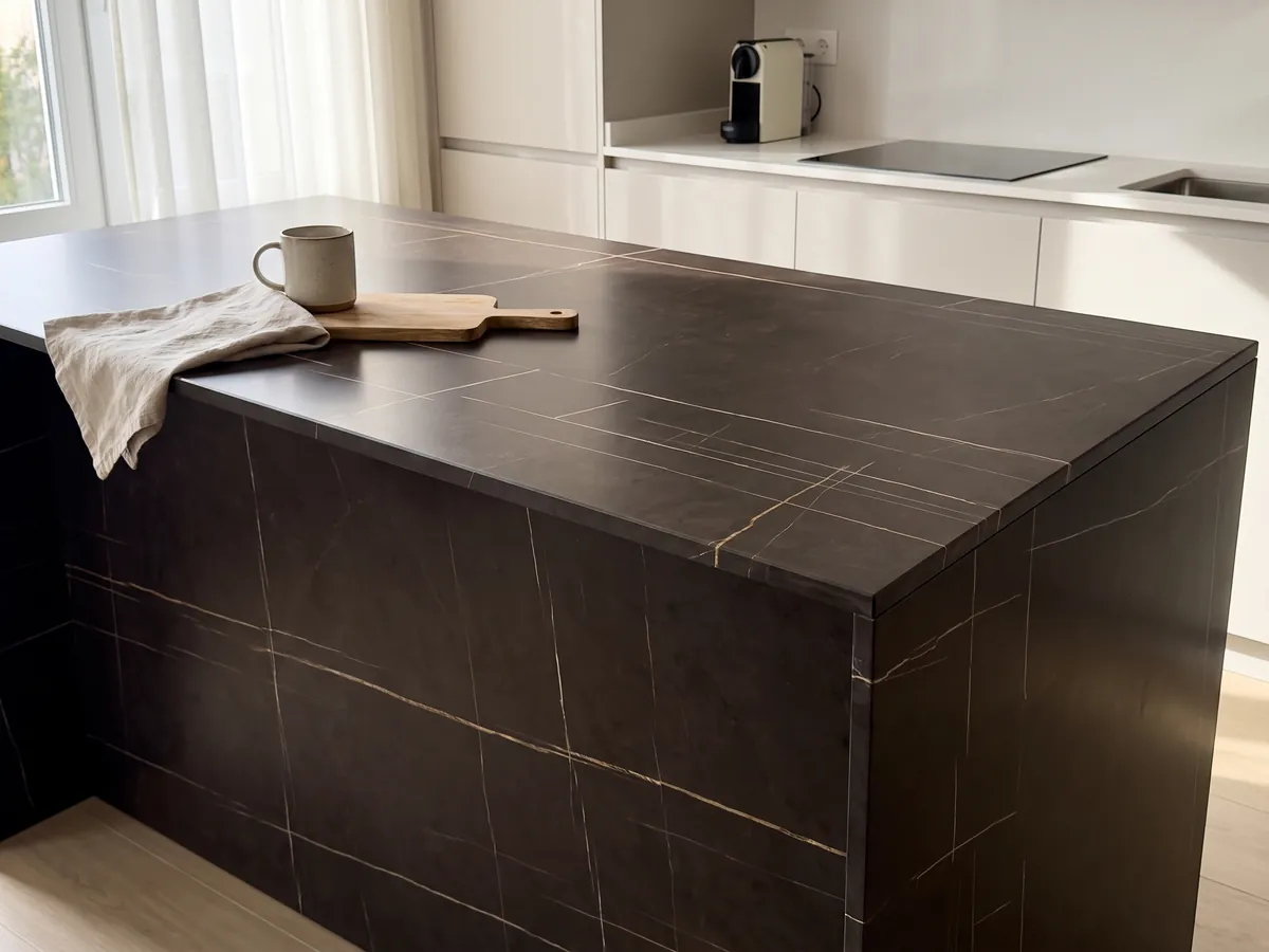 Kitchen island with a black Sahara Noir marble countertop and a straight edge in a naturally lit kitchen: brownish black with very fine, straight, sparse golden lines