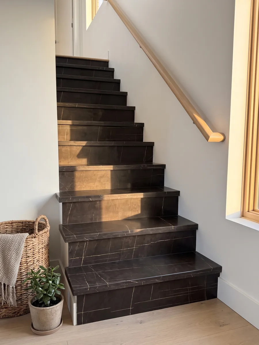Interior staircase with Sahara Noir black marble steps and a handrail: brown-black with very fine, straight, sparse gold lines