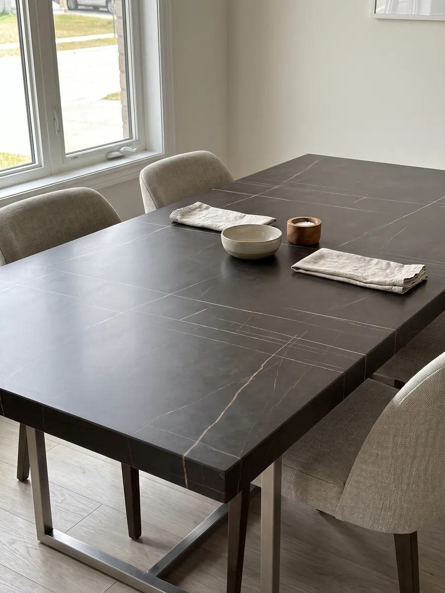 Dining table with a Sahara Noir black marble top on a steel base: brown-black with very fine, straight, sparse gold lines