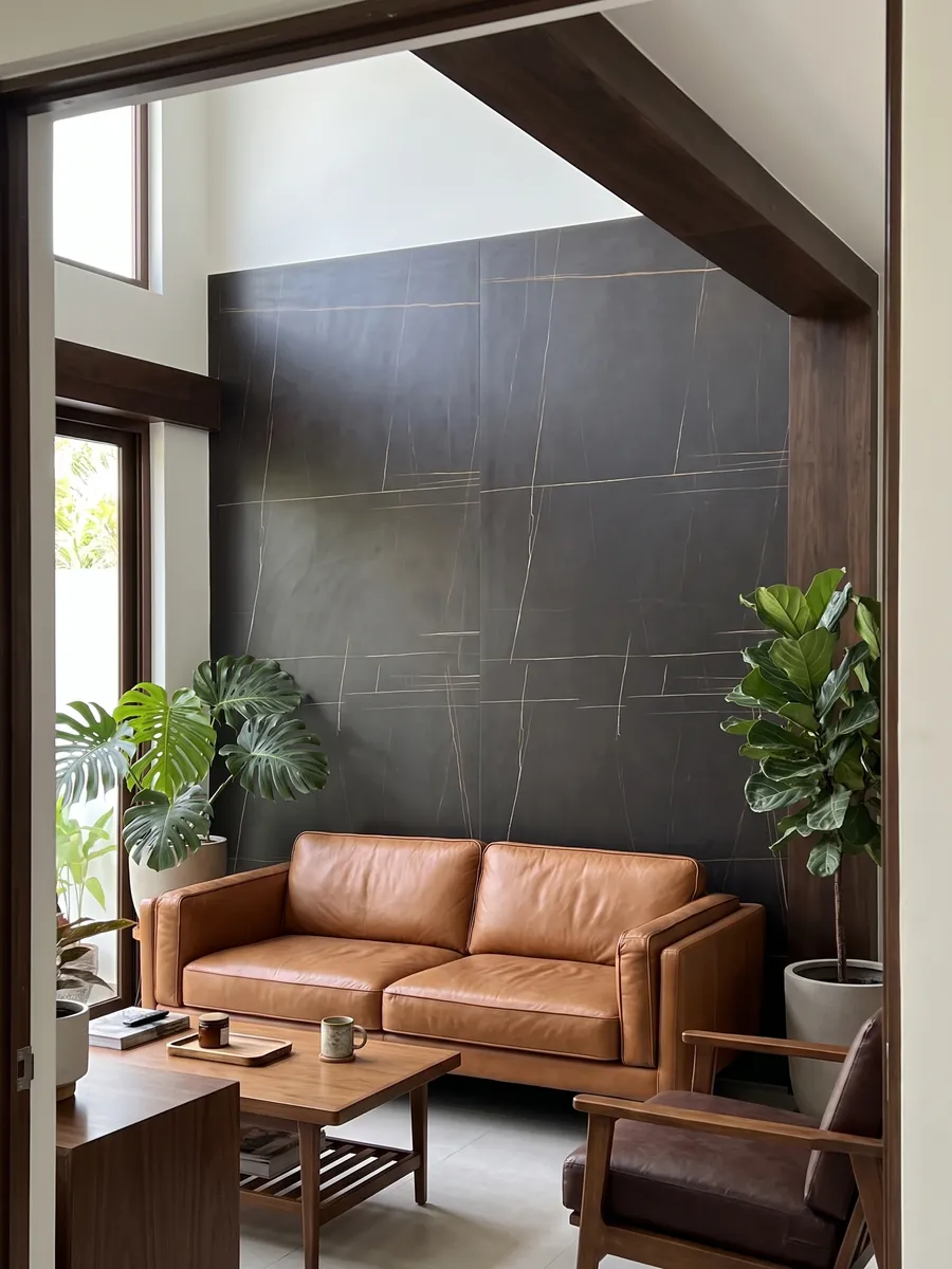 Living room wall clad in bookmatched Sahara Noir black marble slabs behind a sofa: brown-black with very fine, straight, sparse gold lines