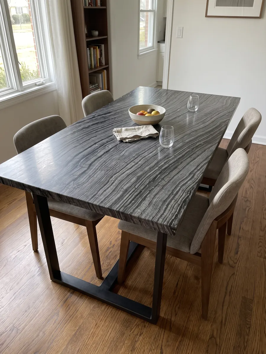 Dining table with a black Zebrato marble top on a steel base: black with fine, wavy gray stripes running in diagonal, bark-like effect