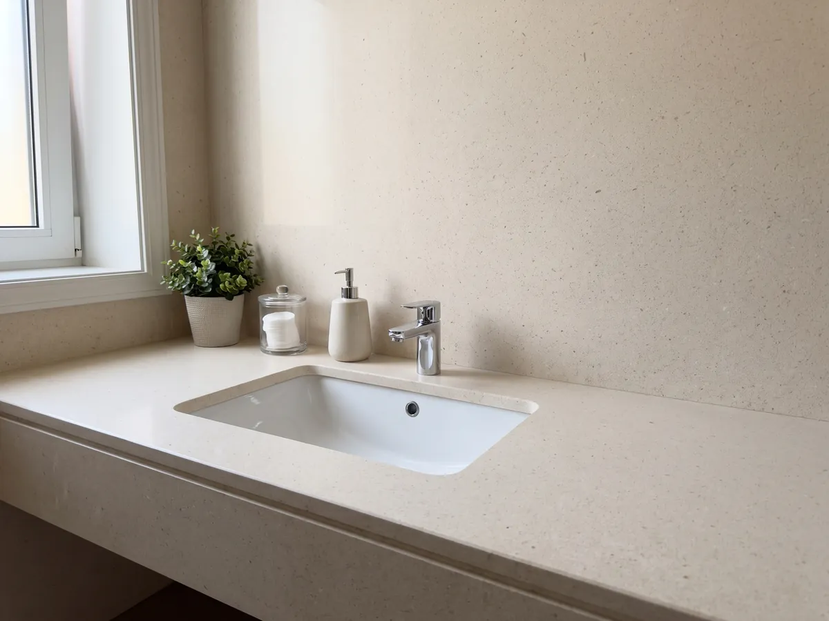 Bathroom vanity top and shower wall in New Marfil marble with a white sink and chrome faucets: very uniform light cream, fine-grained and vein-free