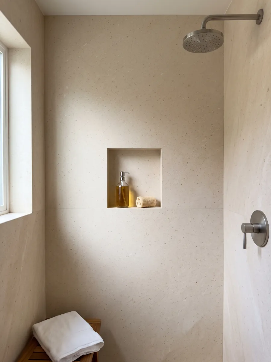 Shower clad in full slabs of New Marfil marble with a recessed niche: very uniform light cream, fine-grained and vein-free