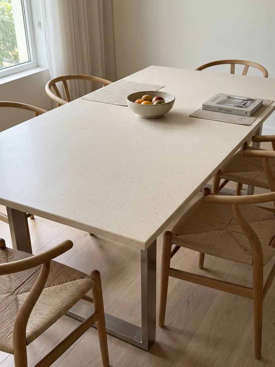 Dining table with a New Marfil marble top on a steel base: very uniform light cream, fine-grained and vein-free