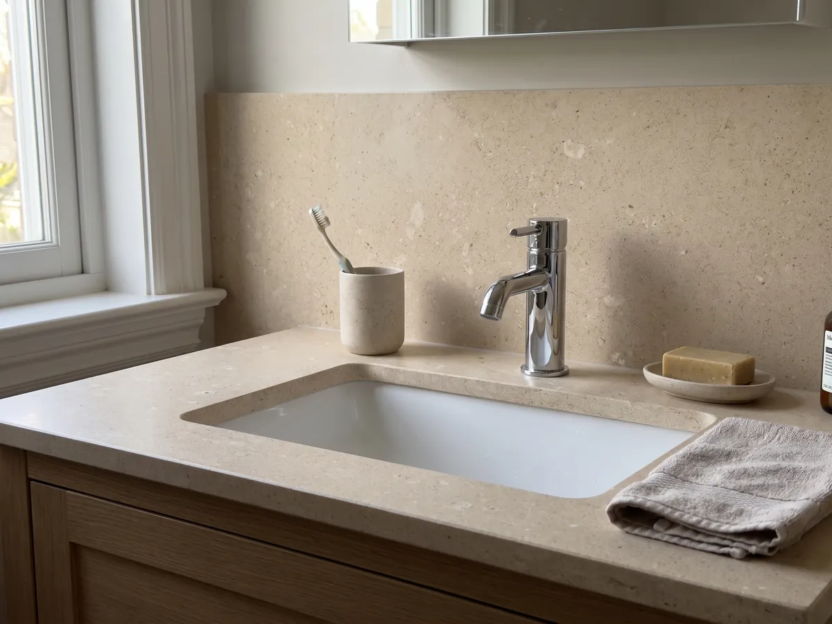 Bathroom vanity top and wall in Pietra di Vicenza Bianca marble with a white sink and chrome faucets: sandy beige with visible grain and small light fragments