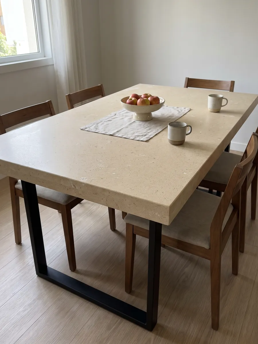 Dining table with a Pietra di Vicenza Bianca marble top on a steel base: sandy beige with visible grain and small light fragments