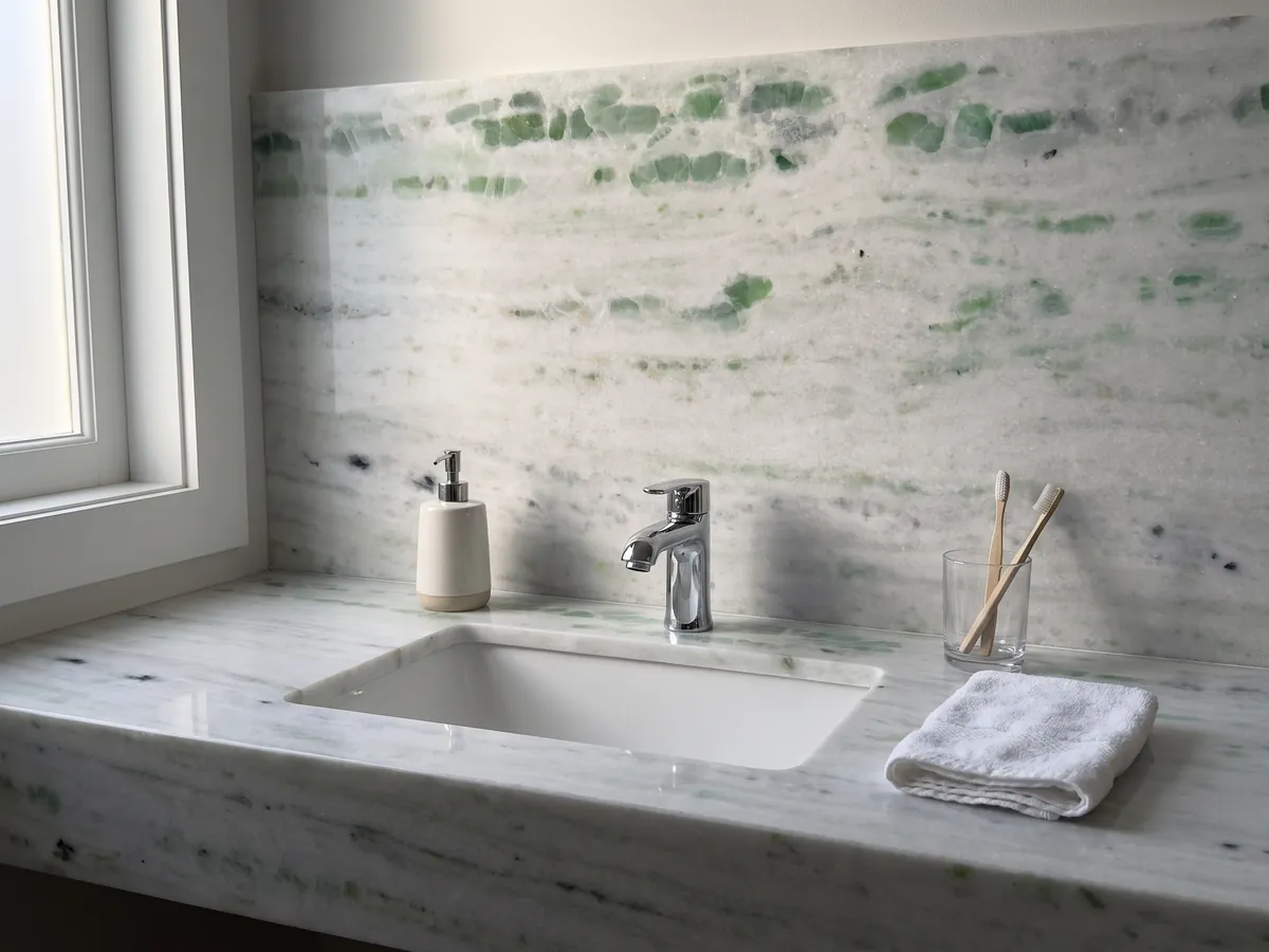 Bathroom vanity top and wall in Pinta Verde marble with a white sink and chrome fixtures: white with horizontal bands splashed with emerald green patches