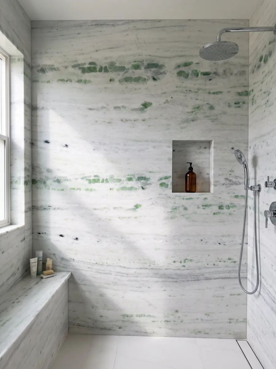 Shower clad in full Pinta Verde marble slabs with a recessed niche: white with horizontal bands splashed with emerald green patches