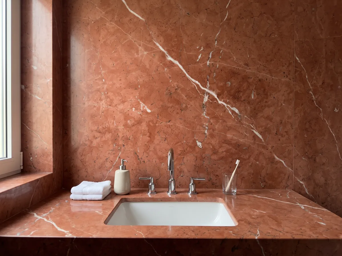 Vanity top and bathroom wall in Rojo Alicante marble with a white sink and chrome faucets: even terracotta red crossed by a few diagonal white veins