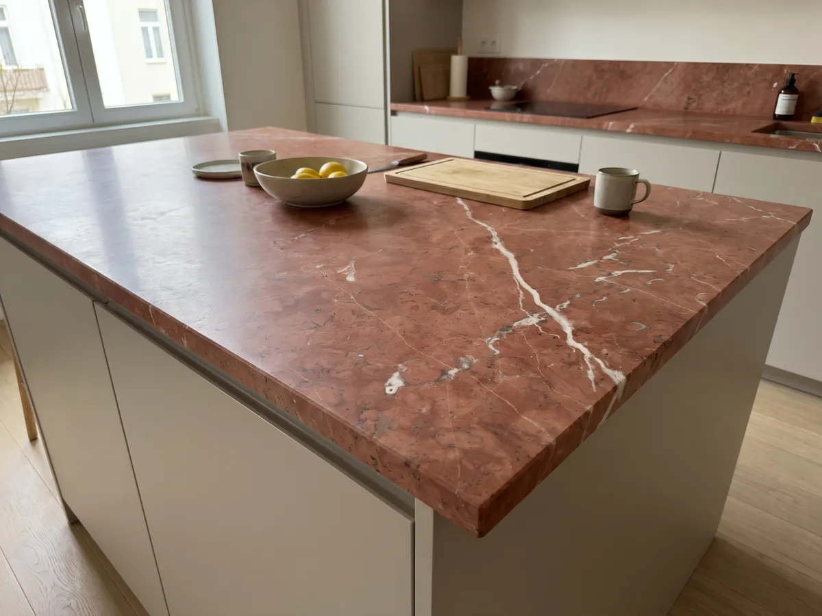 Kitchen island with a Rojo Alicante marble countertop and a straight edge in a naturally lit kitchen: even terracotta red crossed by a few diagonal white veins