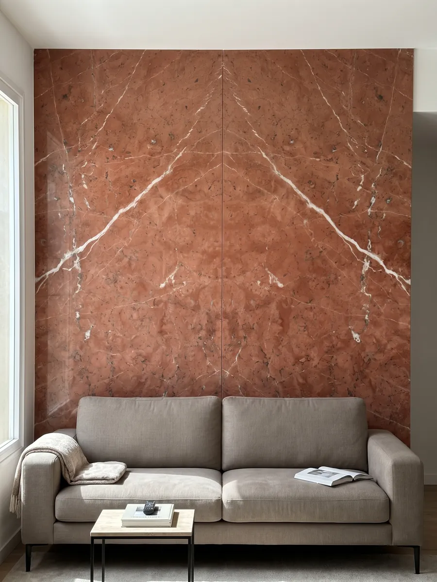 Living room wall clad in bookmatched Rojo Alicante marble slabs behind a sofa: even terracotta red crossed by a few diagonal white veins
