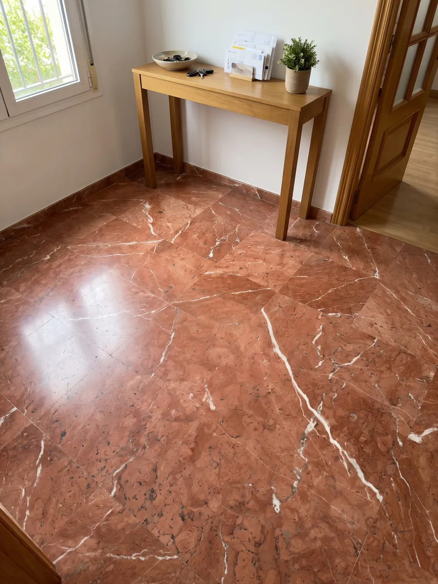 Entryway floor in large Rojo Alicante marble slabs in natural light: even terracotta red crossed by a few diagonal white veins