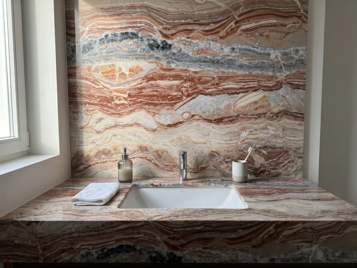 Vanity top and bathroom wall in red Arabescato Rosso marble with a white sink and chrome faucets: wavy horizontal bands of brick red, cream and gray, with black spots at the top