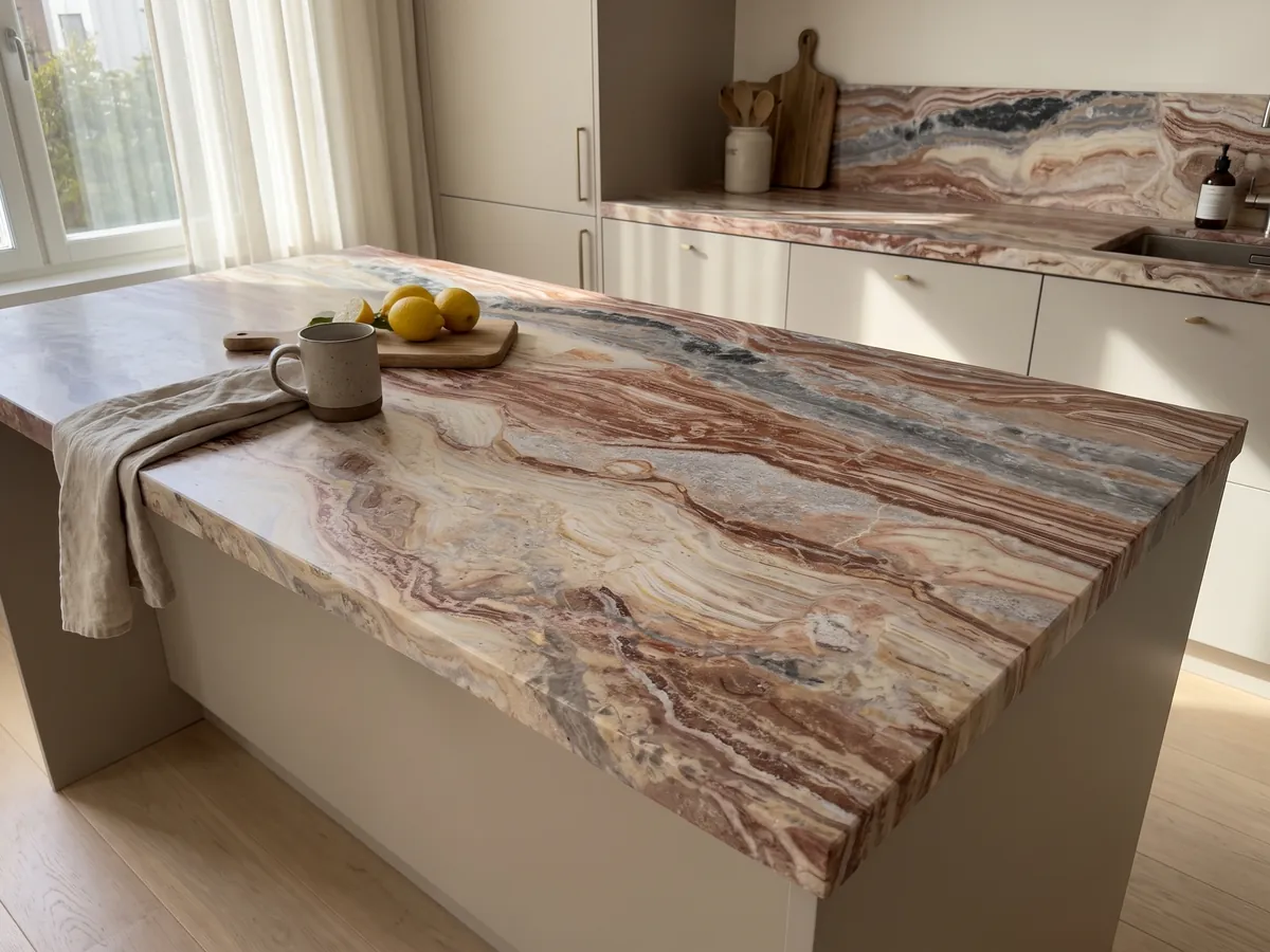 Kitchen island with a red Arabescato Rosso marble countertop and a straight edge in a kitchen with natural light: wavy horizontal bands of brick red, cream and gray, with black spots at the top