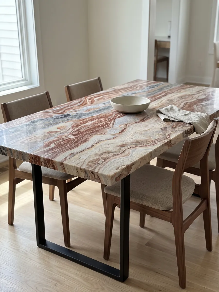 Dining table with a red Arabescato Rosso marble top on a steel base: wavy horizontal bands of brick red, cream and gray, with black spots at the top