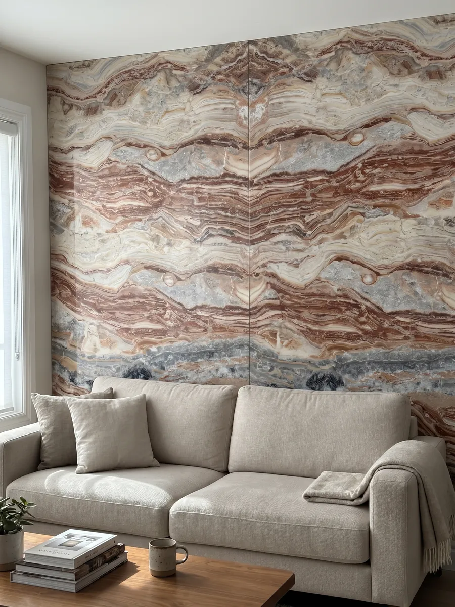 Living room wall clad in bookmatched slabs of red Arabescato Rosso marble behind a sofa: wavy horizontal bands of brick red, cream and gray, with black spots at the top