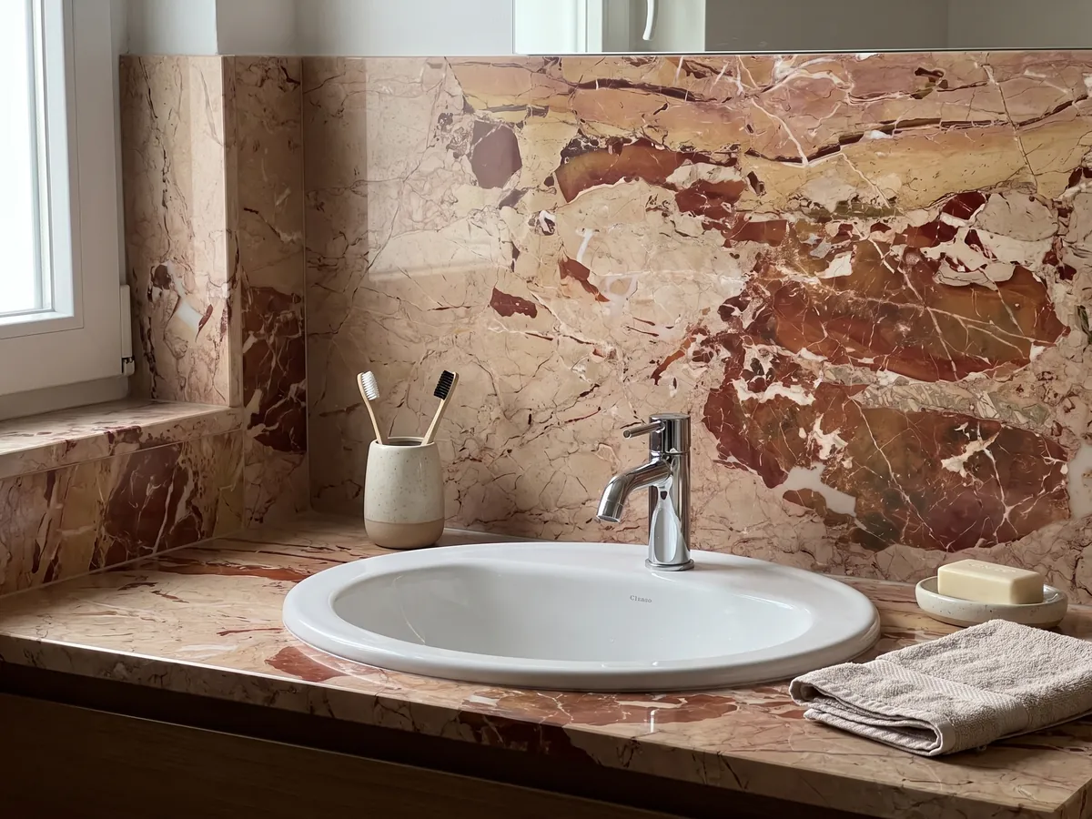 Vanity top and bathroom wall in red Arlecchino marble with a white sink and chrome fixtures: large rust-red patches on pinkish beige, crossed by fine white veins