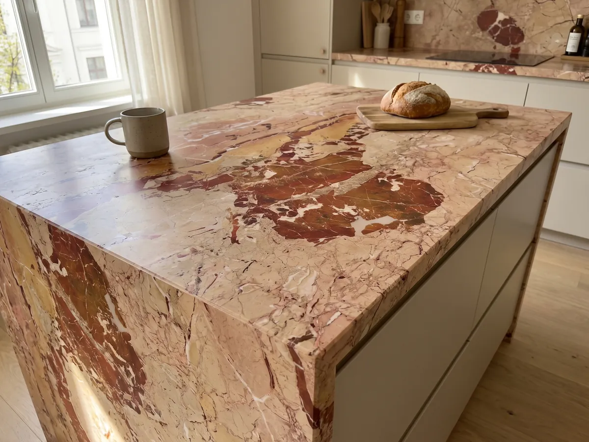 Kitchen island with a red Arlecchino marble countertop and a straight edge in a naturally lit kitchen: large rust-red patches on pinkish beige, crossed by fine white veins