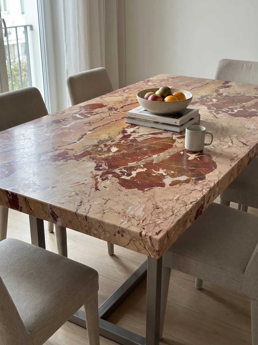 Dining table with a red Arlecchino marble top on a steel base: large rust-red patches on pinkish beige, crossed by fine white veins
