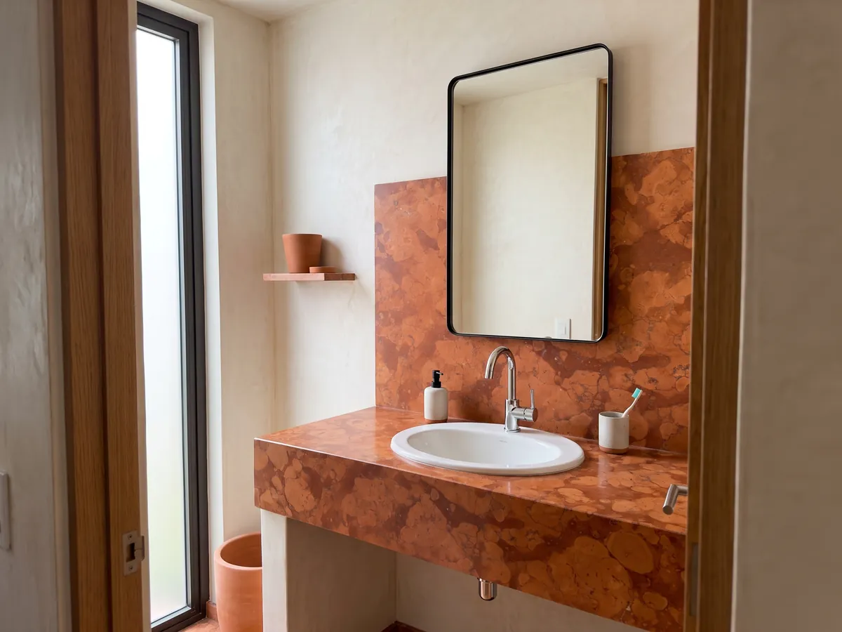 Vanity top and bathroom wall in Rosso Asiago marble with a white sink and chrome faucets: reddish orange with light rounded patches over a darker background