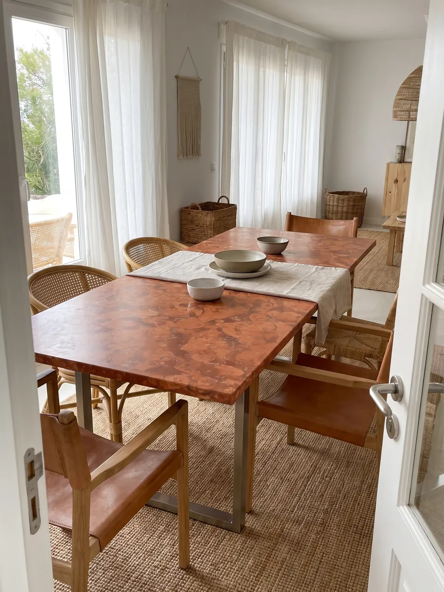 Dining table with a Rosso Asiago marble top on a steel base: reddish orange with light rounded patches over a darker background