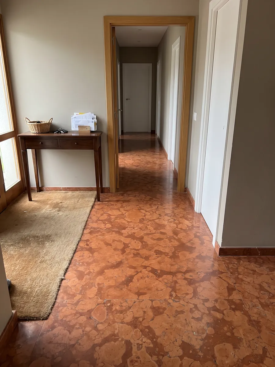 Entryway floor in large Rosso Asiago marble slabs in natural light: reddish orange with light rounded patches over a darker background