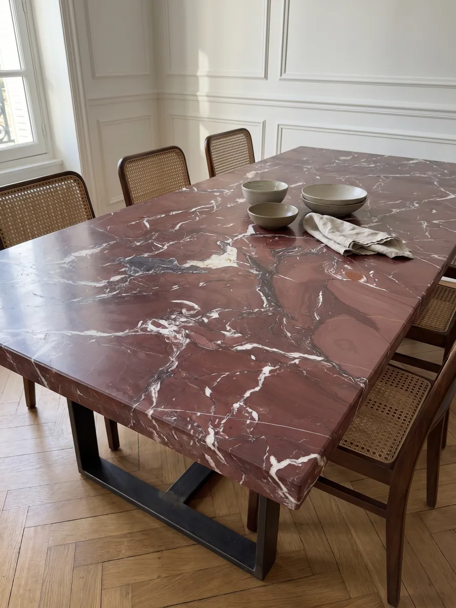 Dining table with a Rosso Cardinale marble top on a steel base: burgundy red with irregular white veins and some gray-violet stains