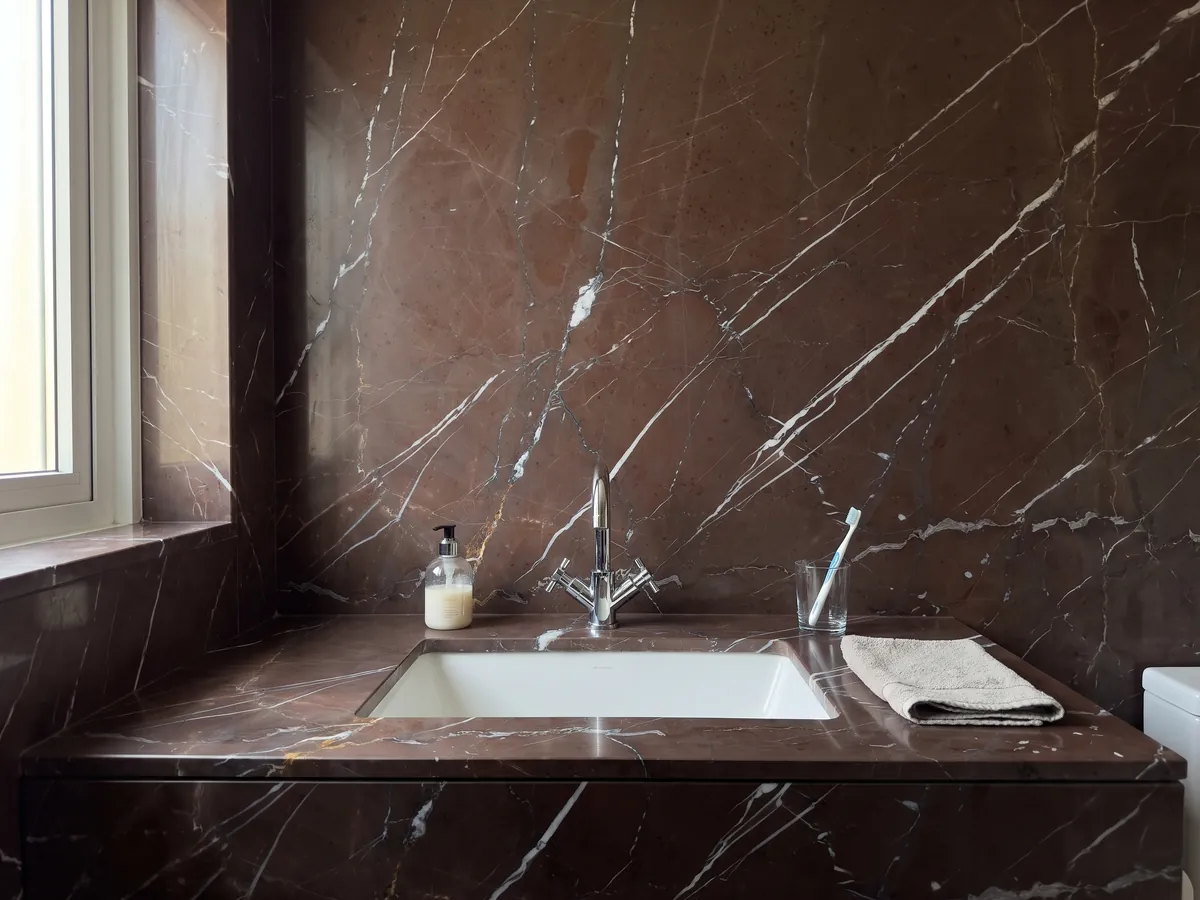 Vanity top and bathroom wall in Rosso Collemandina marble with a white sink and chrome faucets: dark reddish brown with fine, straight, parallel white veins running diagonally