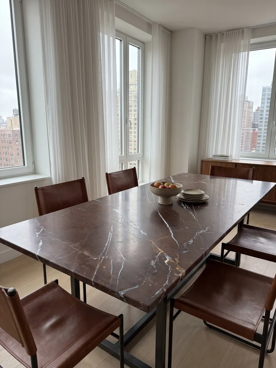 Dining table with a Rosso Collemandina marble top on a steel base: dark reddish brown with fine, straight, parallel white veins running diagonally