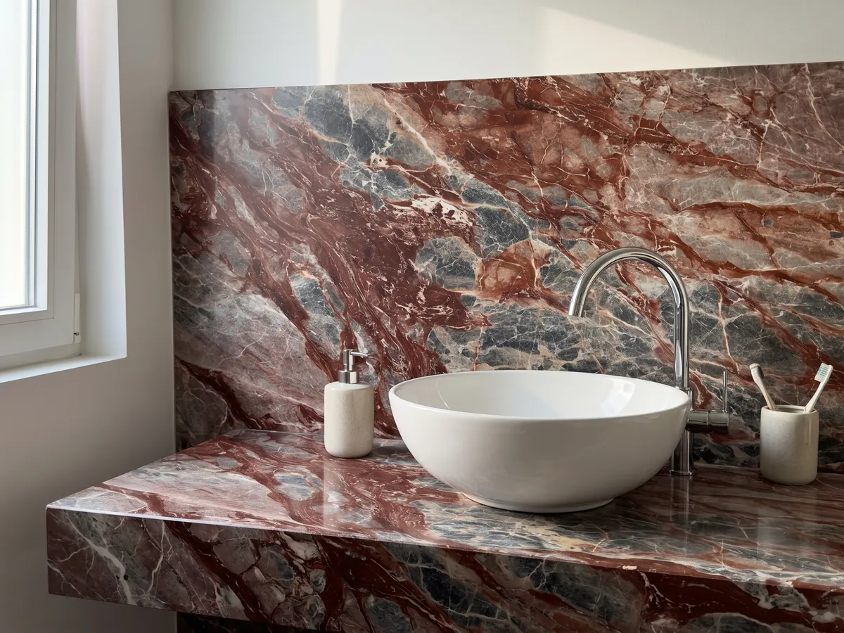 Bathroom vanity top and wall in red Domus Red marble with a white sink and chrome fixtures: bluish gray fragments joined by wine-red veins and patches