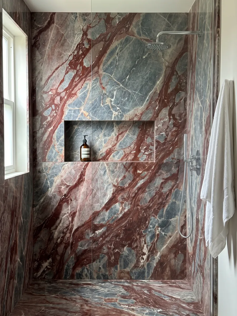 Shower clad in full slabs of red Domus Red marble with a recessed niche: gray-blue fragments joined by wine-red veins and patches