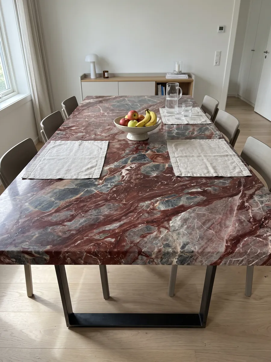 Dining table with a red Domus Red marble top on a steel base: gray-blue fragments joined by wine-red veins and patches