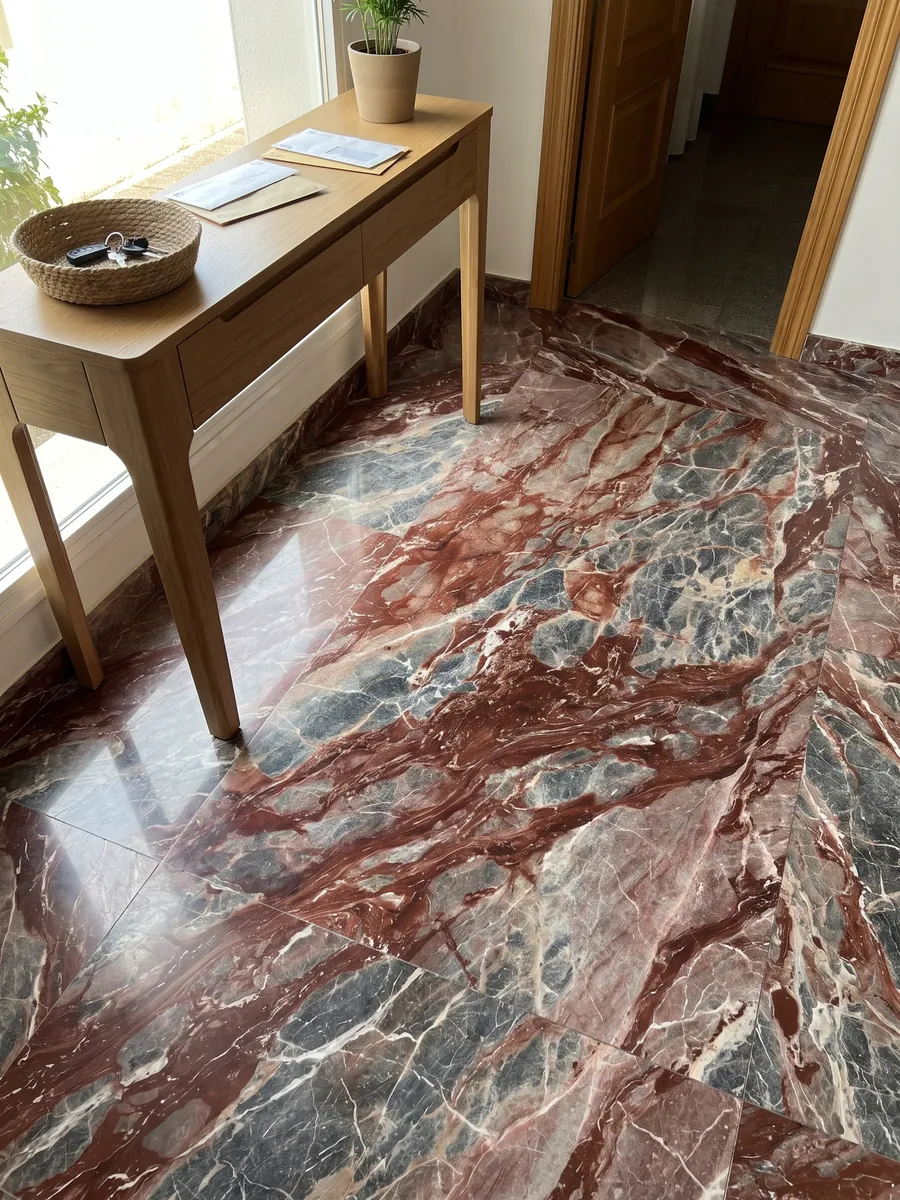Entryway floor in large slabs of red Domus Red marble with natural light: gray-blue fragments joined by wine-red veins and patches