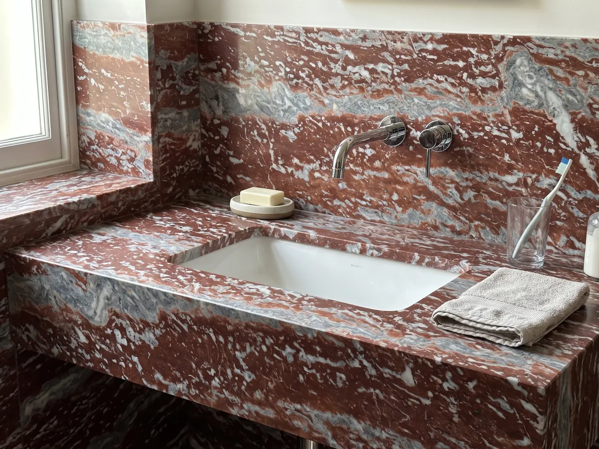 Vanity top and bathroom wall in Rosso Francia marble with a white sink and chrome faucets: horizontal red stripes alternating with blue-gray and white bands