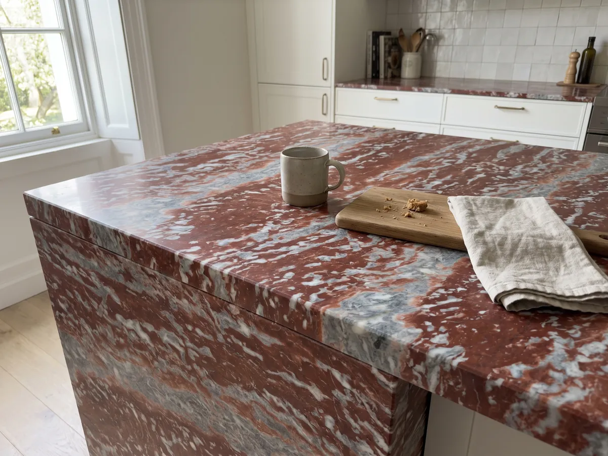 Kitchen island with a Rosso Francia marble countertop and a straight edge in a naturally lit kitchen: horizontal red stripes alternating with bluish gray and white bands