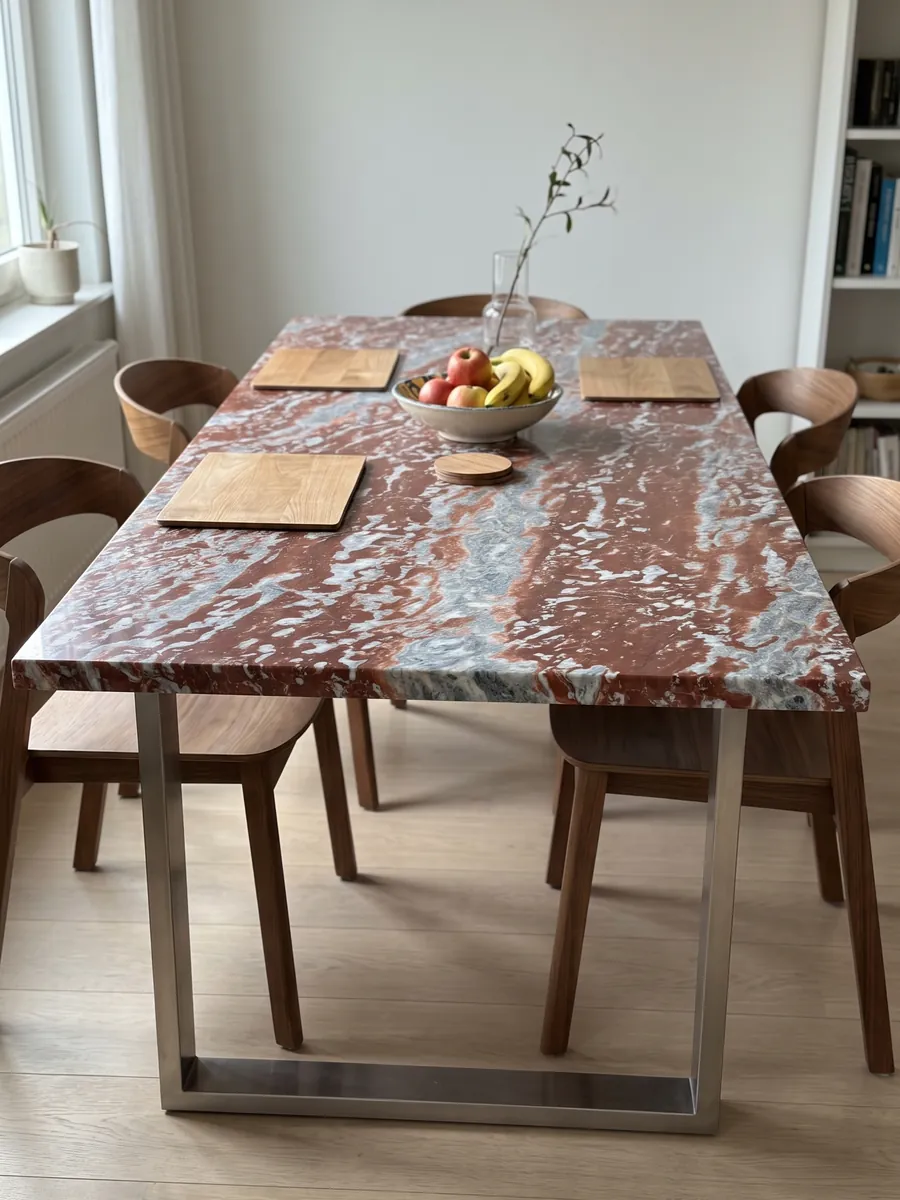 Dining table with a Rosso Francia marble top on a steel base: horizontal red stripes alternating with grayish-blue and white bands