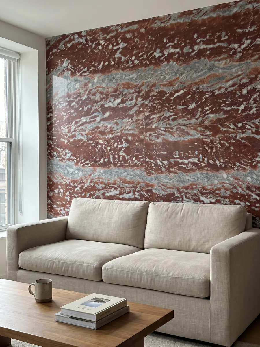 Living room wall clad in bookmatched Rosso Francia marble slabs behind a sofa: horizontal red stripes alternating with grayish-blue and white bands