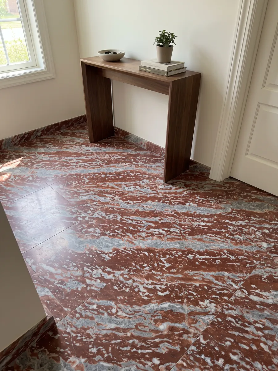 Entryway floor in large Rosso Francia marble slabs with natural light: horizontal red stripes alternating with grayish-blue and white bands