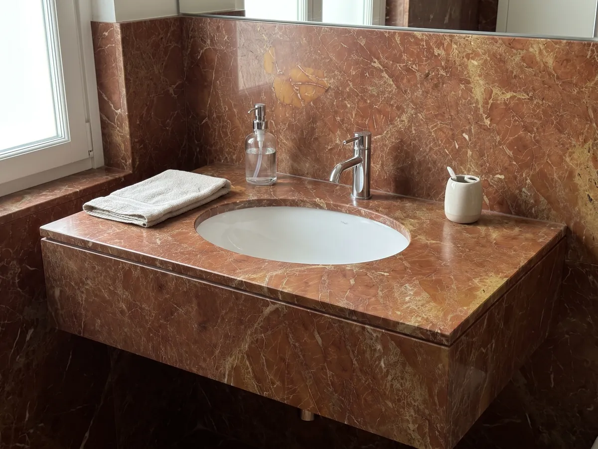 Vanity top and bathroom wall in red Melograno marble with a white sink and chrome faucet: brownish brick red with a fine network of light veins and ochre patches