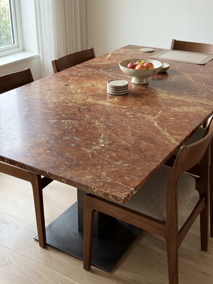 Dining table with a red Melograno marble top on a steel base: brownish brick red with a fine network of light veins and ochre patches