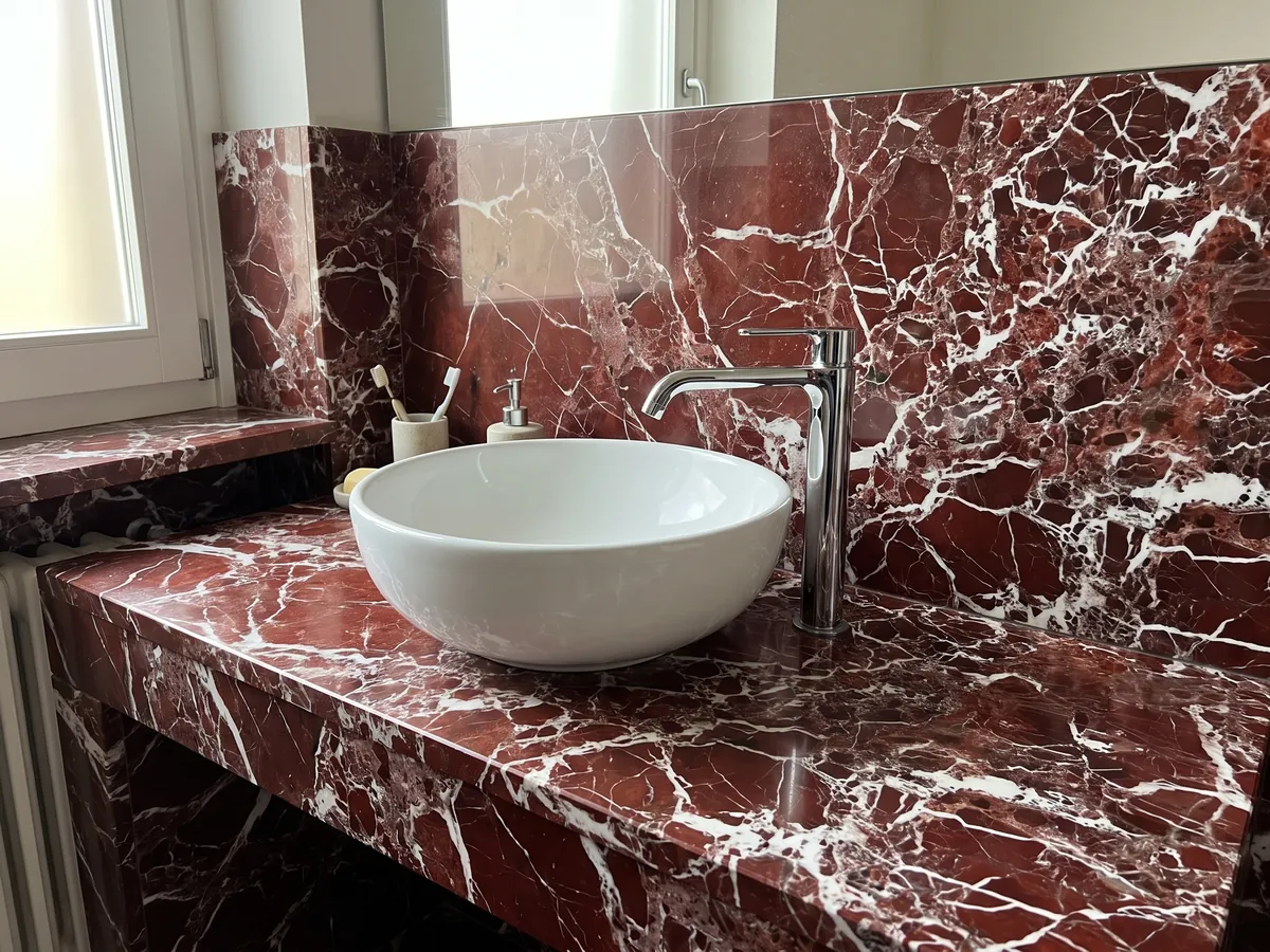 Vanity top and bathroom wall in red Rosso Lepanto marble with a white sink and chrome faucets: intense red fragments surrounded by a dense network of white veins