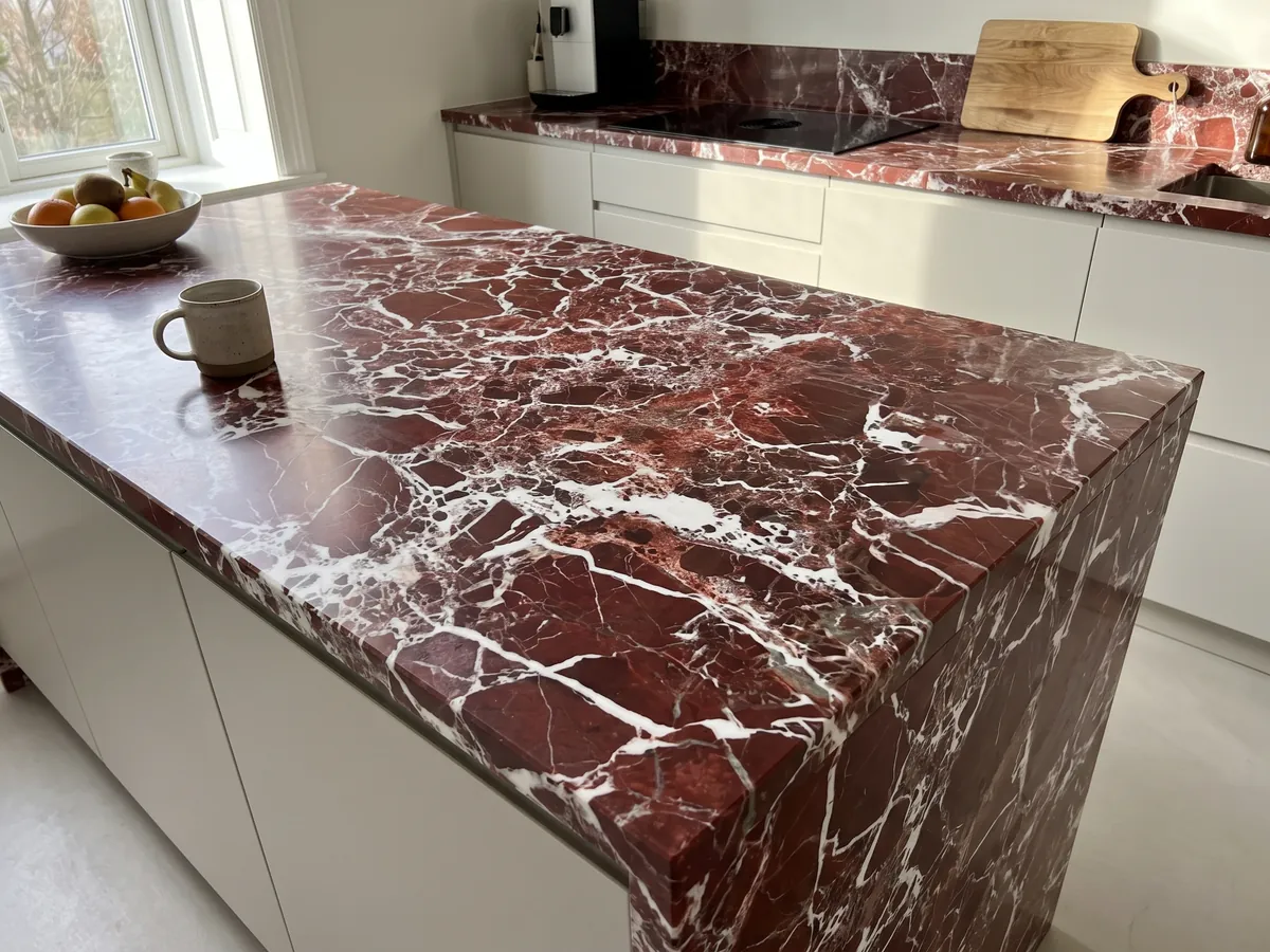 Kitchen island with a Rosso Lepanto marble countertop and a straight edge in a naturally lit kitchen: intense red fragments wrapped in a dense web of white veins