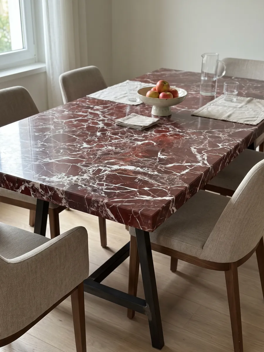 Dining table with a red Rosso Lepanto marble top on a steel base: intense red fragments surrounded by a dense network of white veins