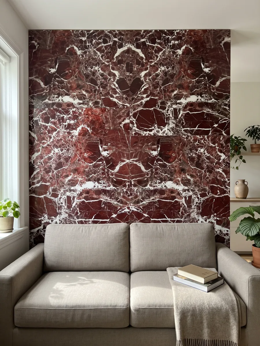 Living room wall clad in bookmatched slabs of red Rosso Lepanto marble behind a sofa: intense red fragments surrounded by a dense network of white veins