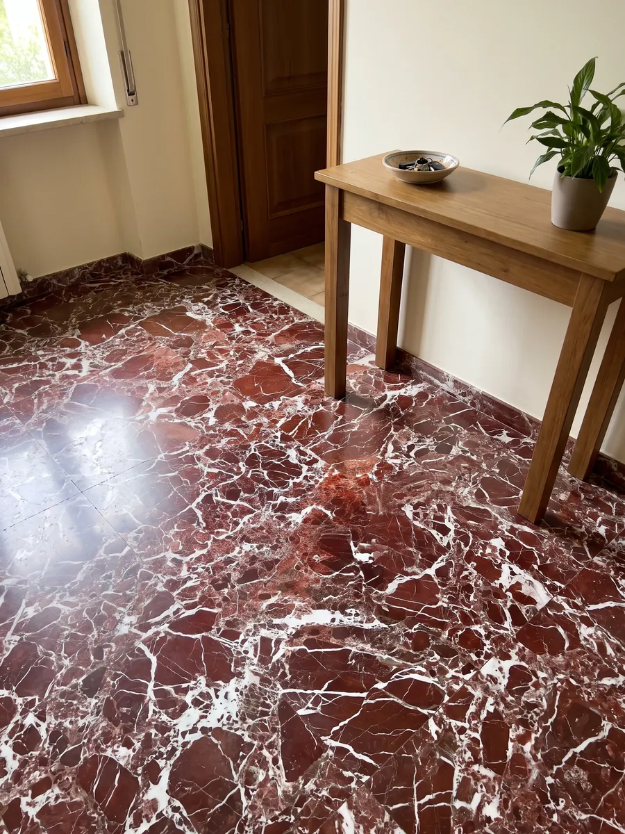 Entryway floor in large slabs of red Rosso Lepanto marble with natural light: intense red fragments surrounded by a dense network of white veins