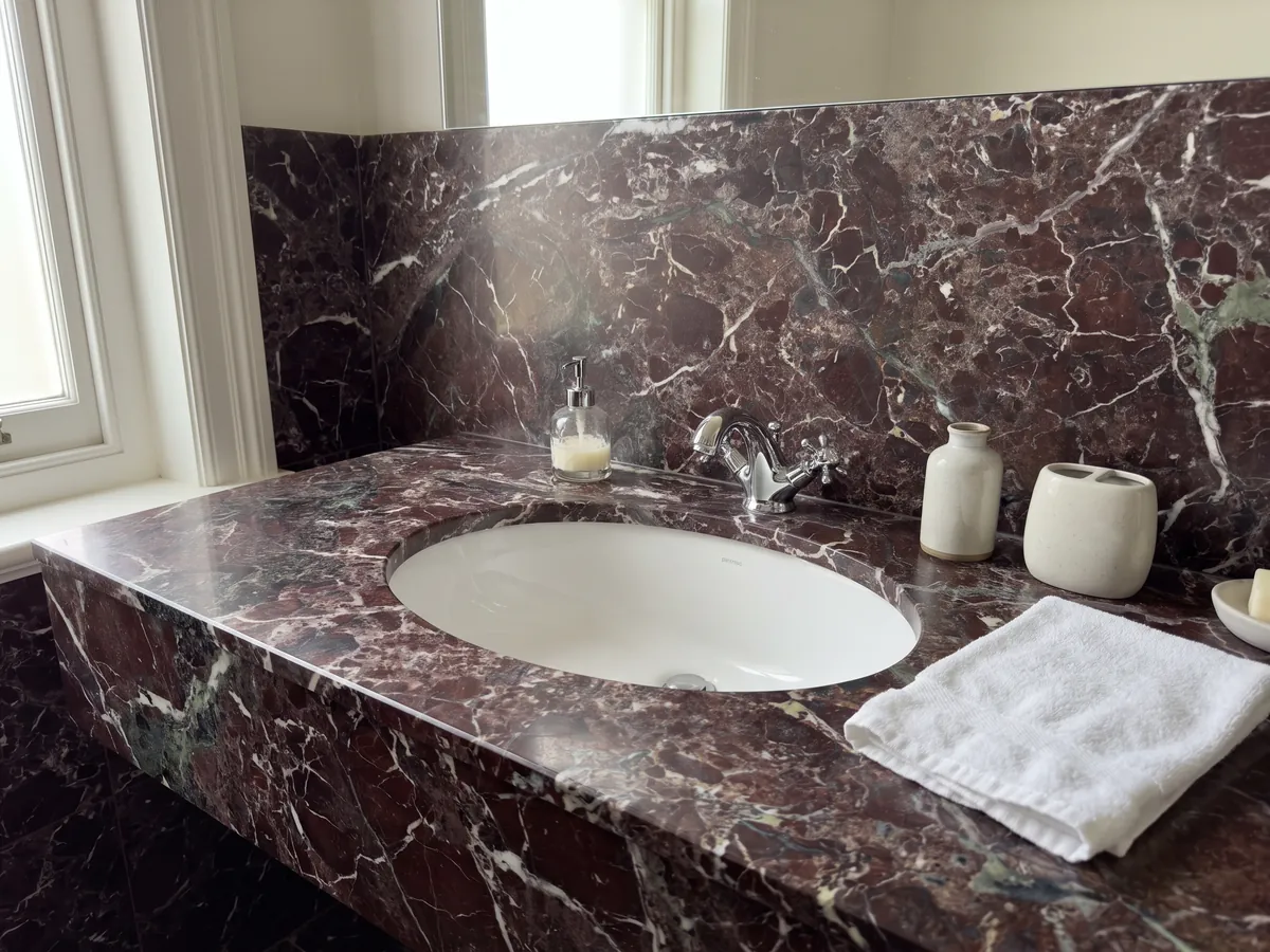 Vanity top and bathroom wall in red Rosso Levanto marble with a white sink and chrome faucets: dark burgundy with gray-green areas and a network of white veins