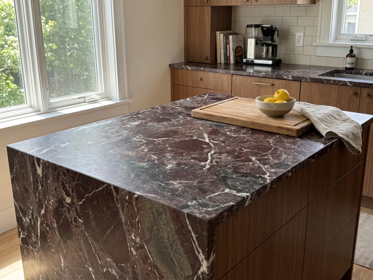 Kitchen island with a Rosso Levanto red marble countertop and a straight edge in a kitchen with natural light: dark burgundy with grayish green patches and a network of white veins