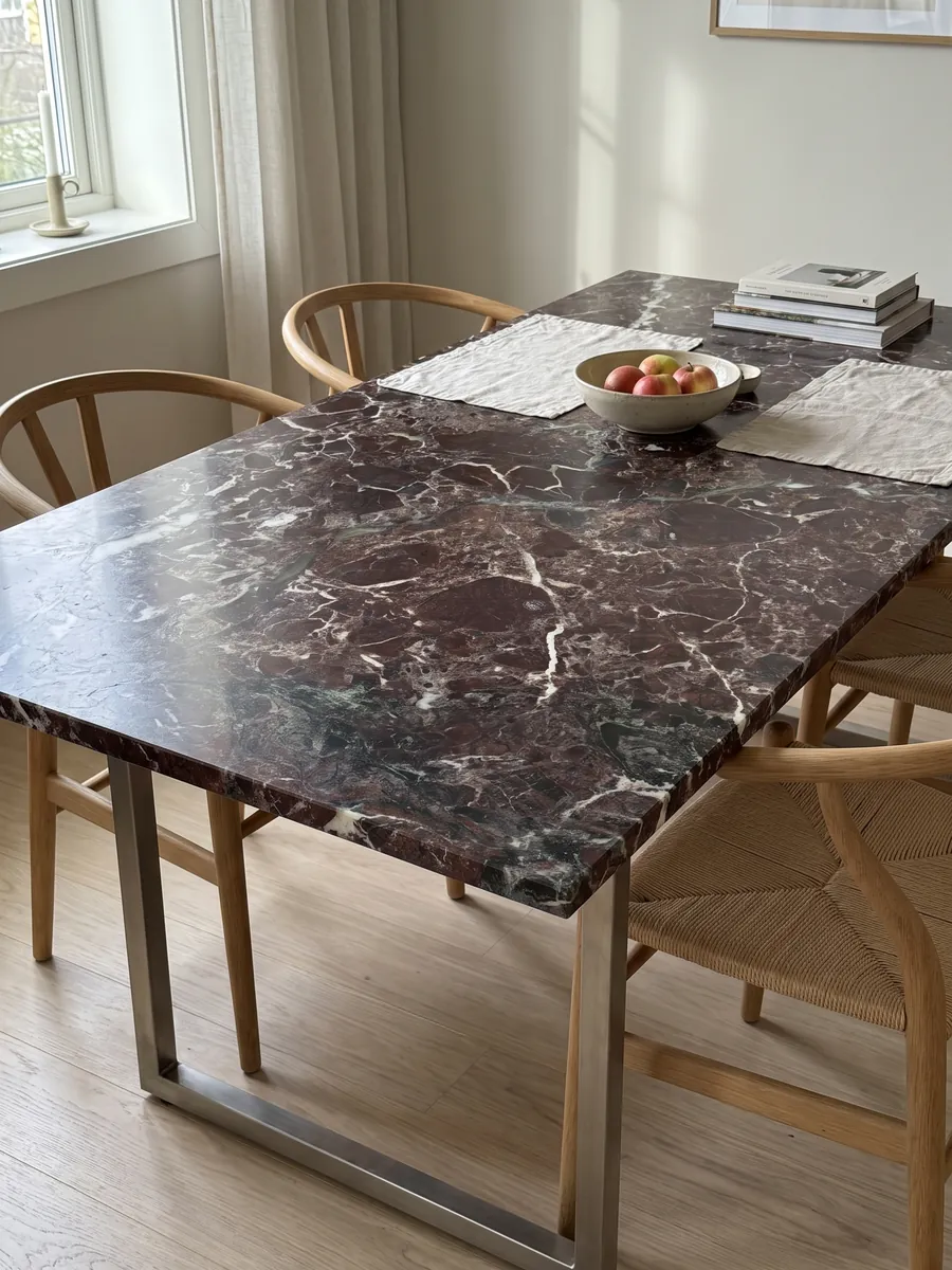 Dining table with a red Rosso Levanto marble top on a steel base: dark burgundy with gray-green areas and a network of white veins