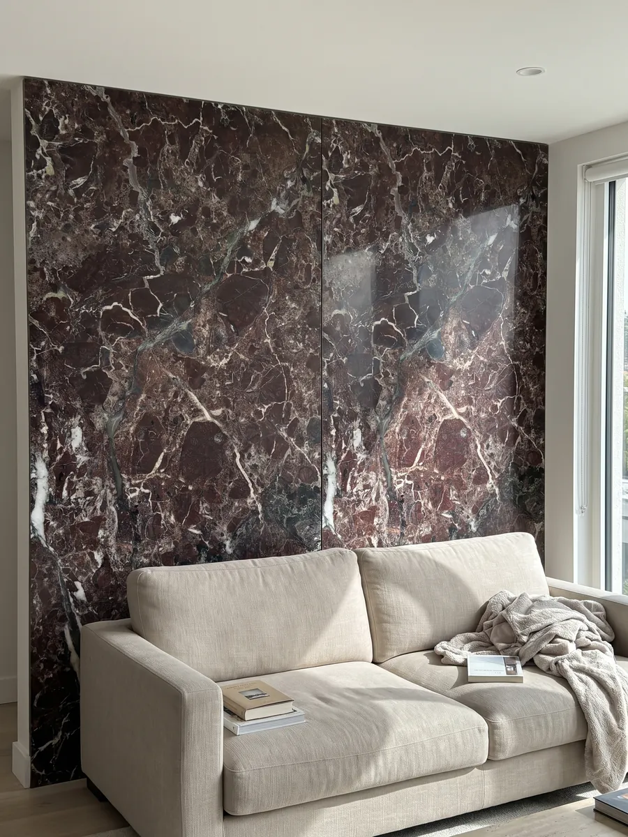 Living room wall clad in bookmatched slabs of red Rosso Levanto marble behind a sofa: dark burgundy with gray-green areas and a network of white veins
