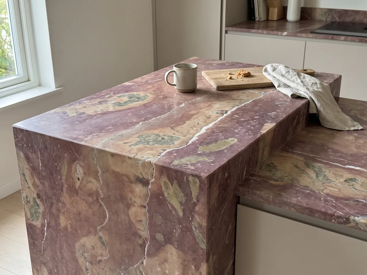 Kitchen island with a Rosso Verona marble countertop and a straight edge in a naturally lit kitchen: violet-toned red with beige patches and two irregular vertical white veins